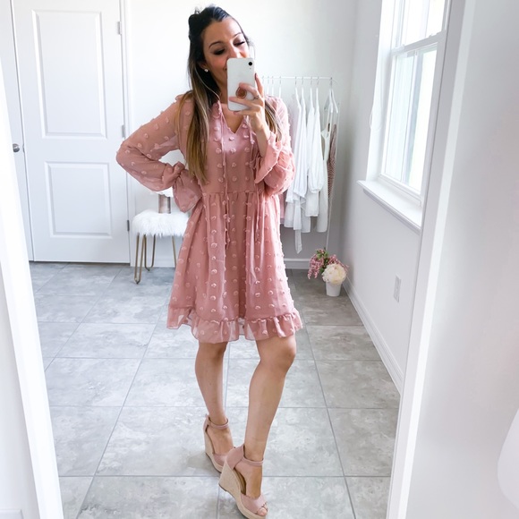 Pink Long Sleeve Swiss Dot Ruffle Loose Dress - Picture 9 of 12